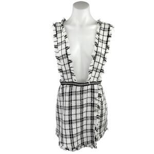 Pink & Flare Black White Tweed Plaid Check Pearl Button Romper Shorts Size S